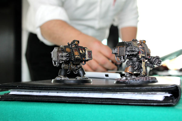 Two Dark Angels Dreadnoughts.