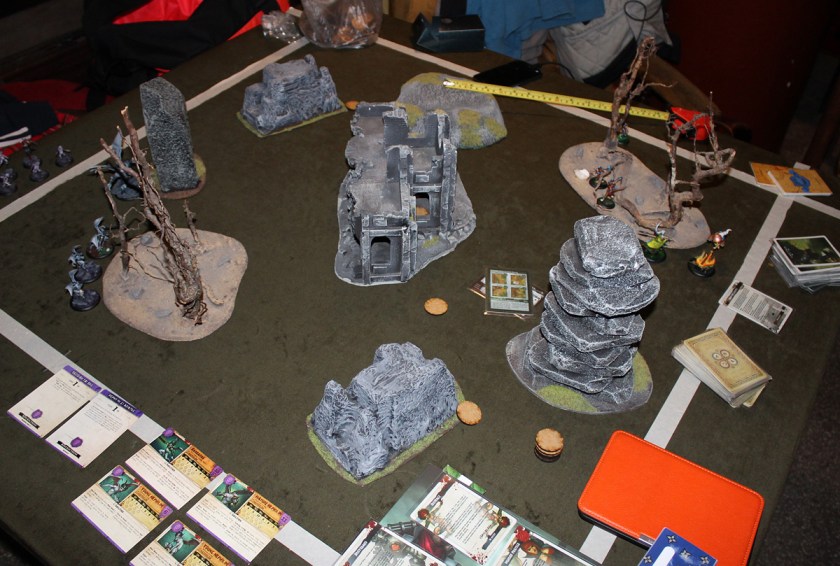 Tabletop setup. My neverborn started on left corner, and Ten Thunders on the right. Markers were in the middle.